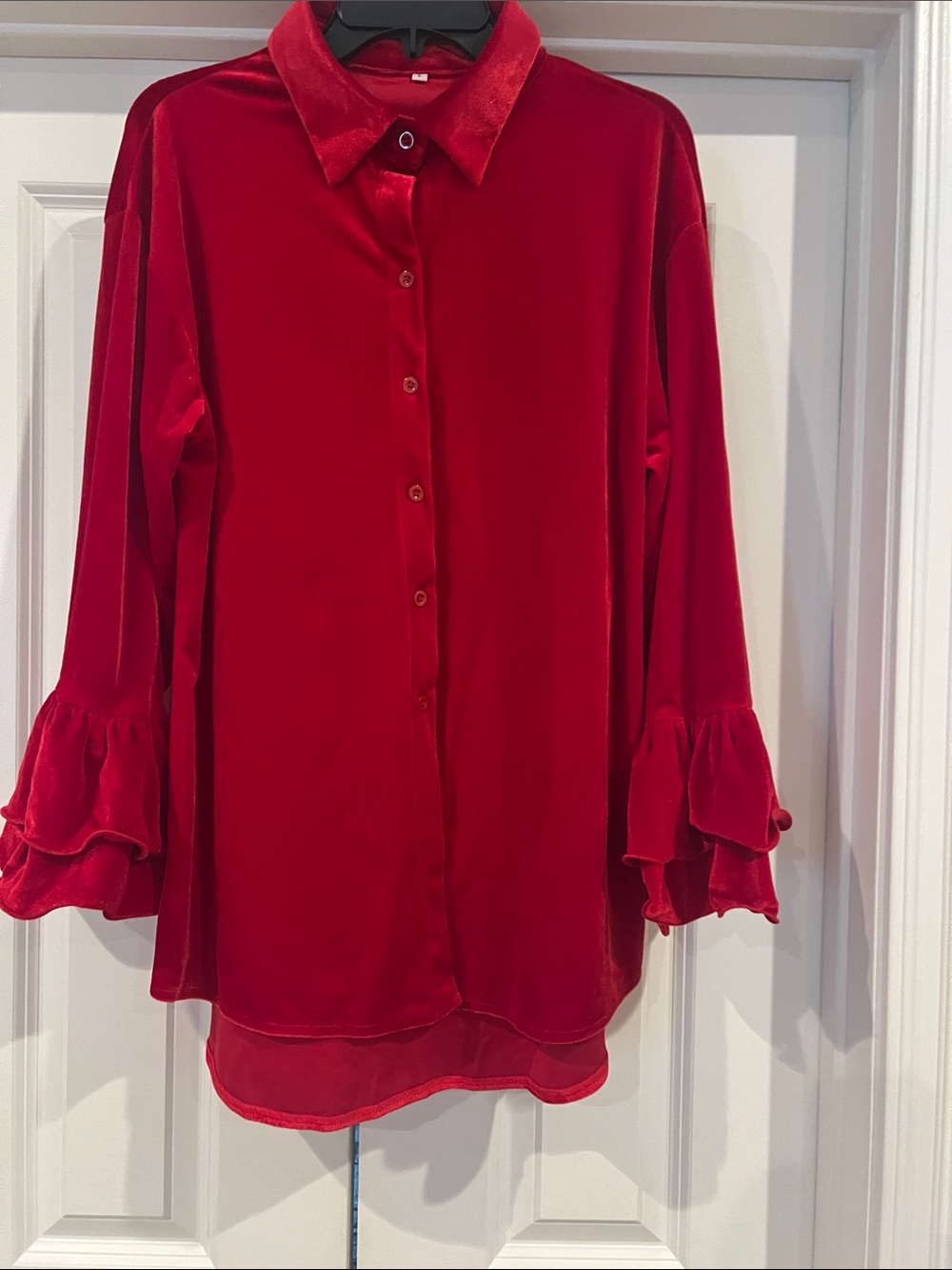 Red Velvet Long-Sleeve Button Front Blouse